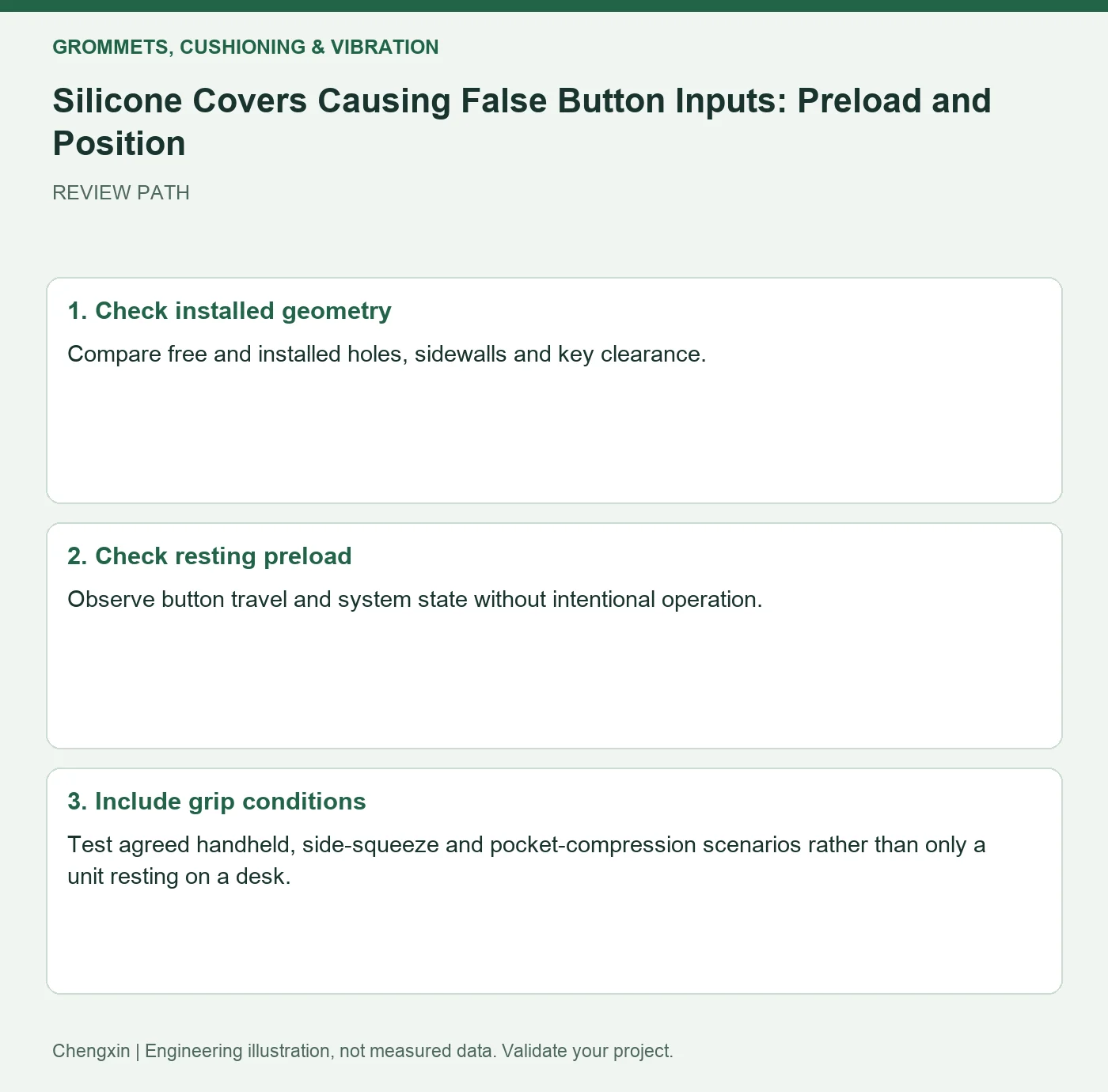 Silicone Covers Causing False Button Inputs: Preload and Position — three-step review diagram