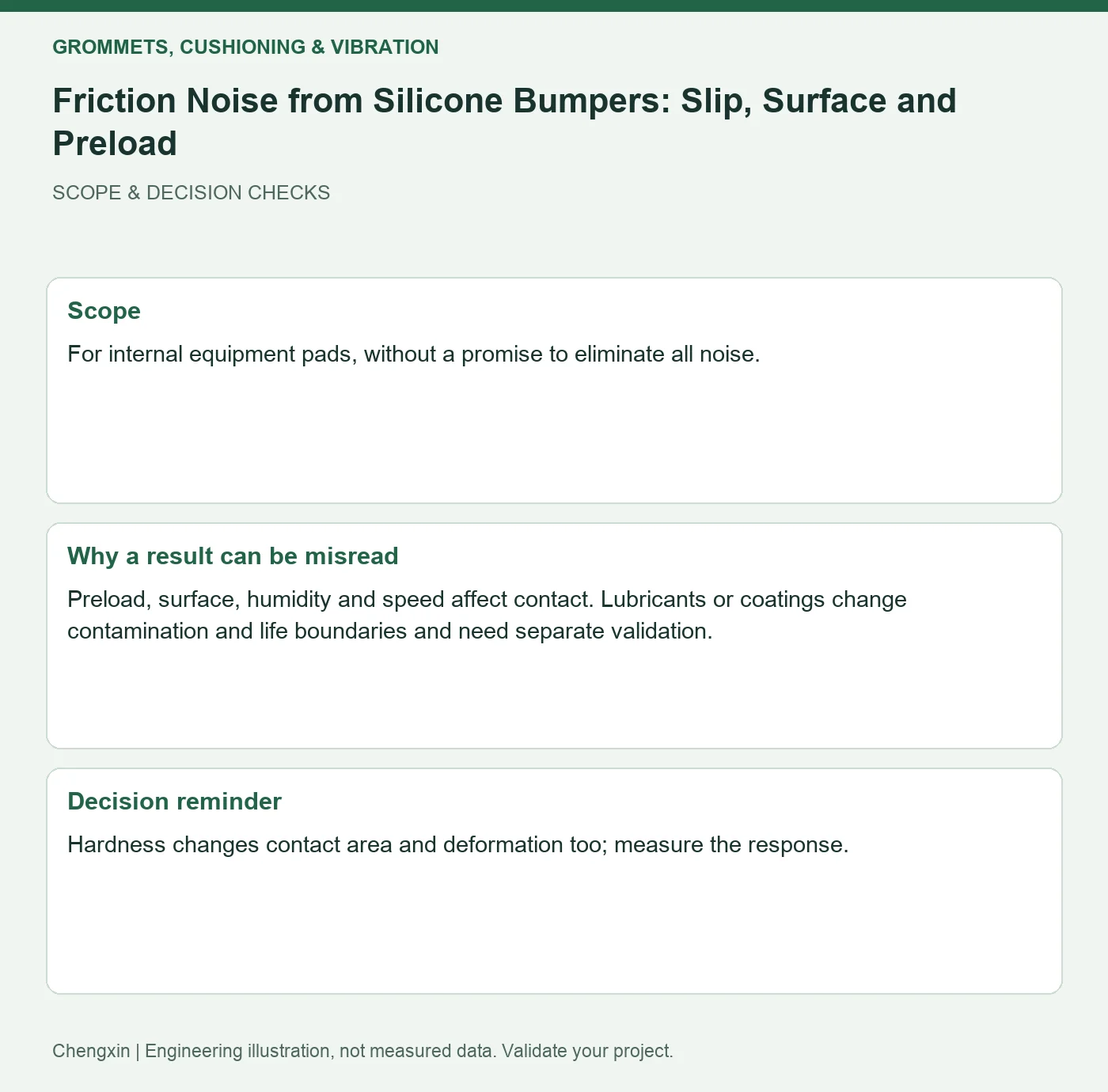 Friction Noise from Silicone Bumpers: Slip, Surface and Preload — scope and decision reminders