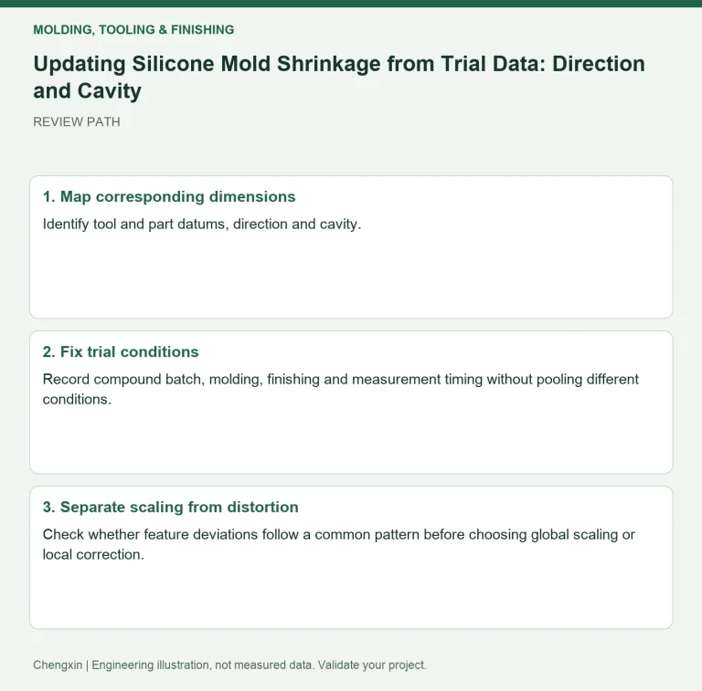 Updating Silicone Mold Shrinkage from Trial Data: Direction and Cavity — review diagram