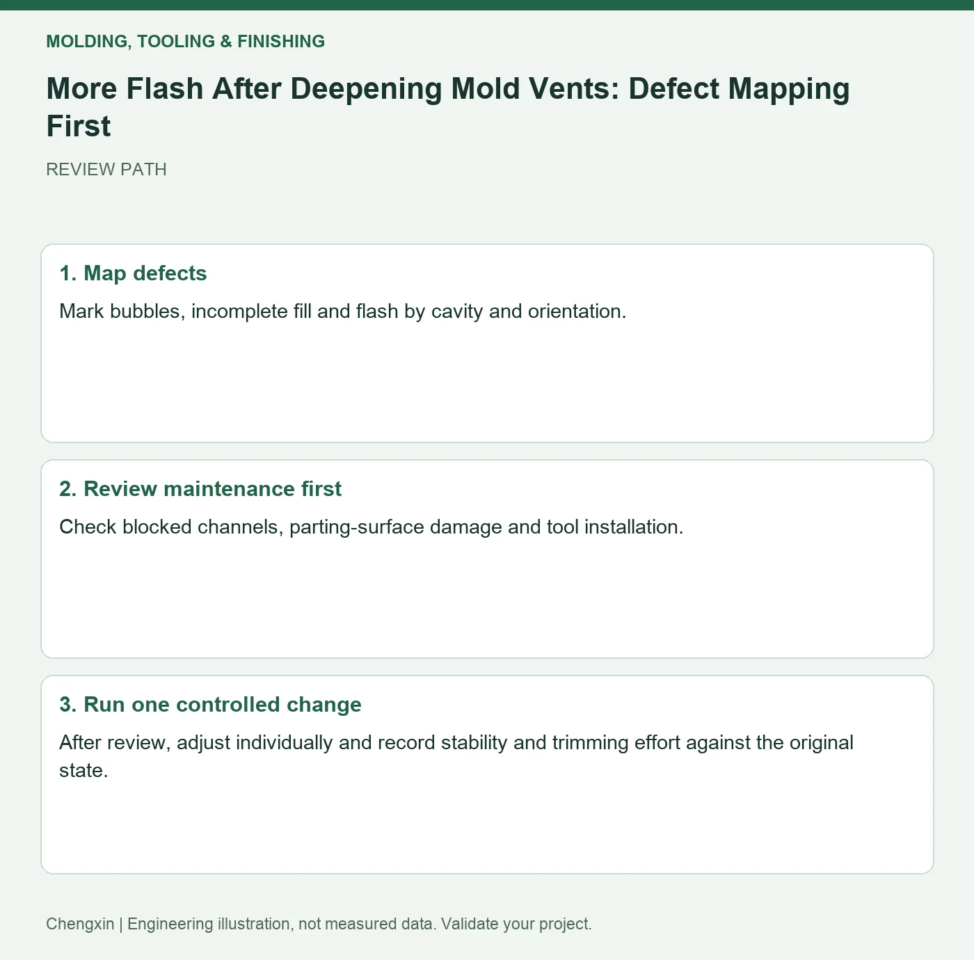 More Flash After Deepening Mold Vents: Defect Mapping First — three-step review diagram