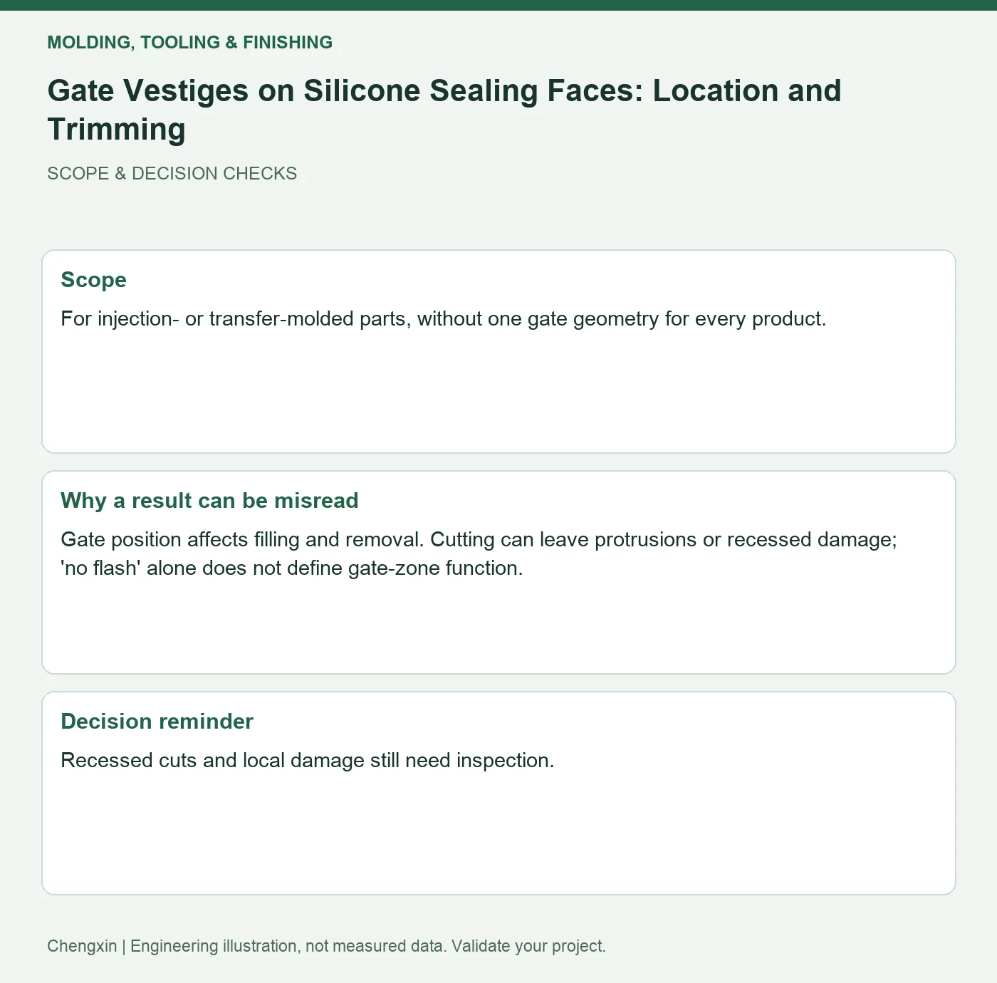 Gate Vestiges on Silicone Sealing Faces: Location and Trimming — scope and decision reminders