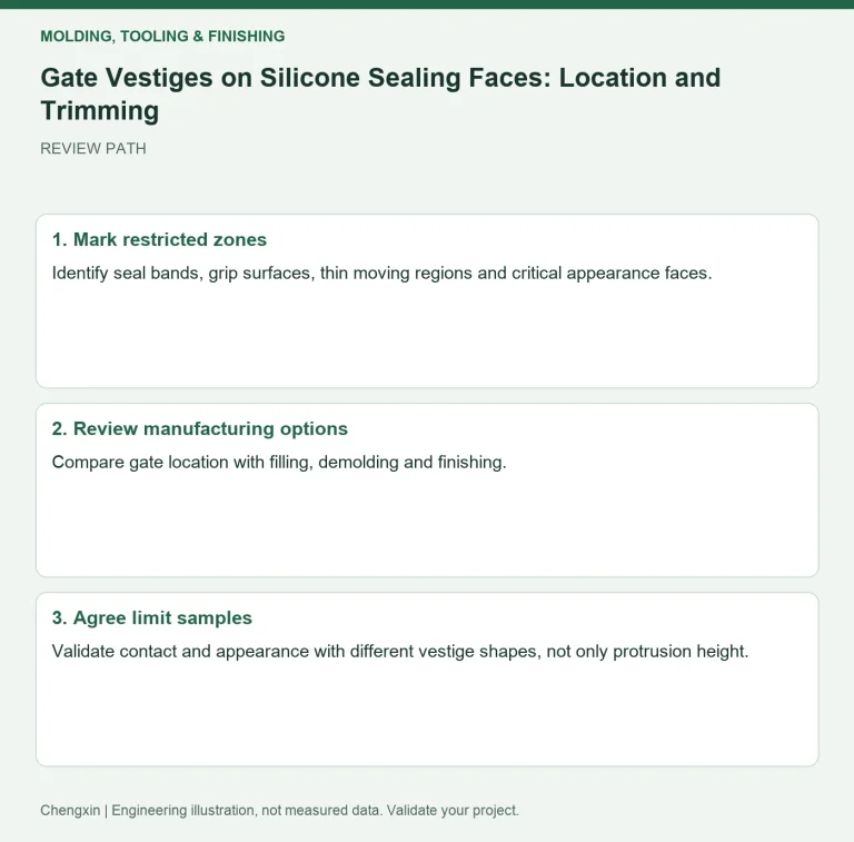Gate Vestiges on Silicone Sealing Faces: Location and Trimming — review diagram