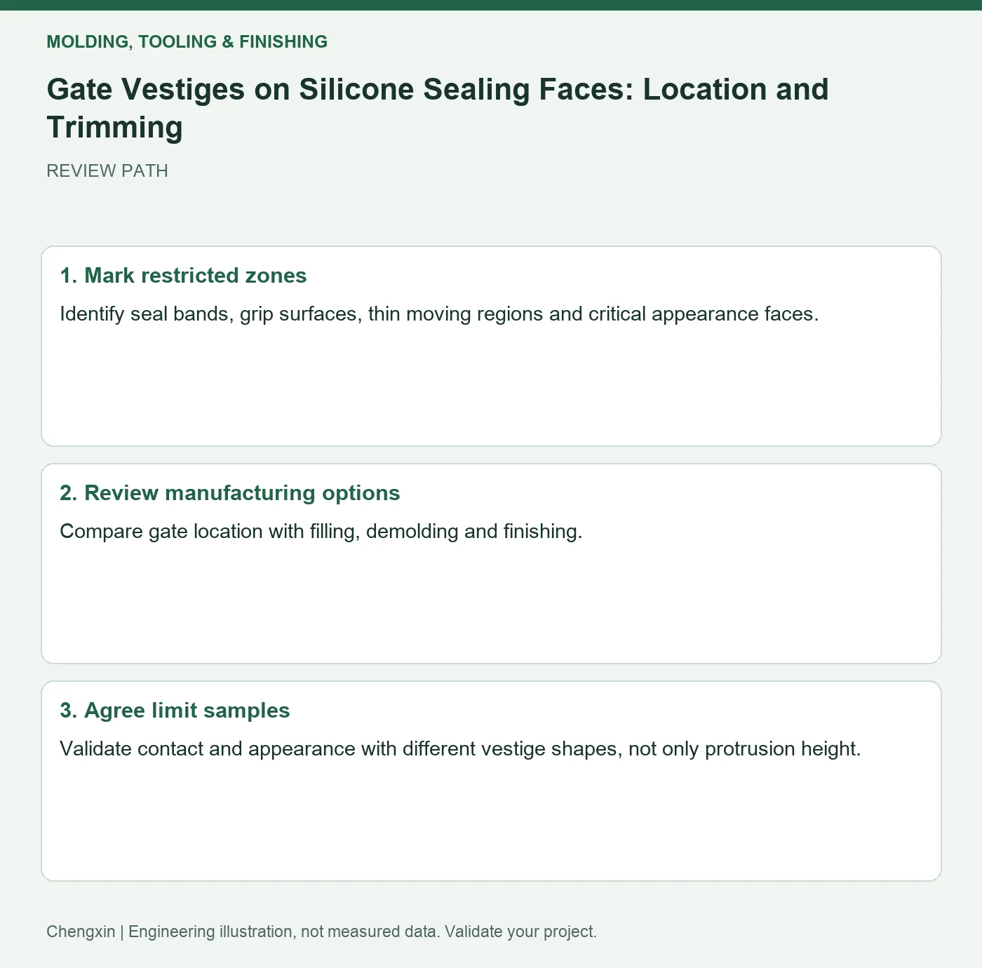 Gate Vestiges on Silicone Sealing Faces: Location and Trimming — three-step review diagram