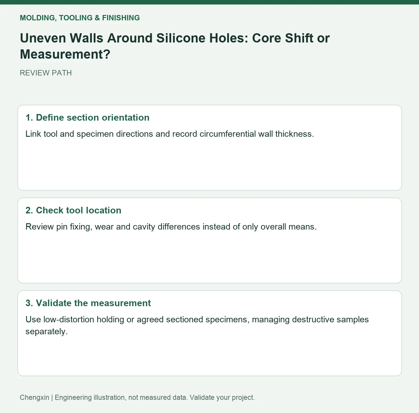 Uneven Walls Around Silicone Holes: Core Shift or Measurement? — three-step review diagram