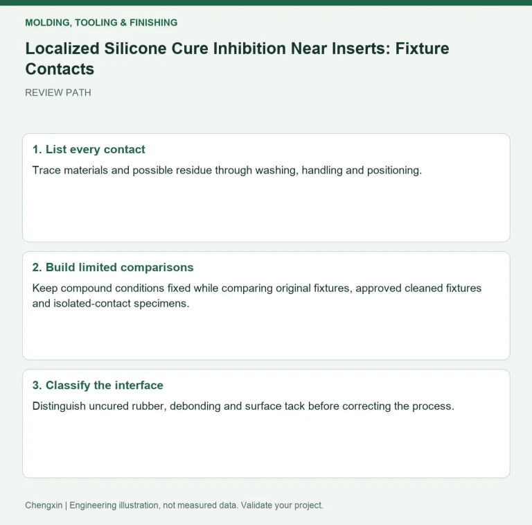 Localized Silicone Cure Inhibition Near Inserts: Fixture Contacts — review diagram