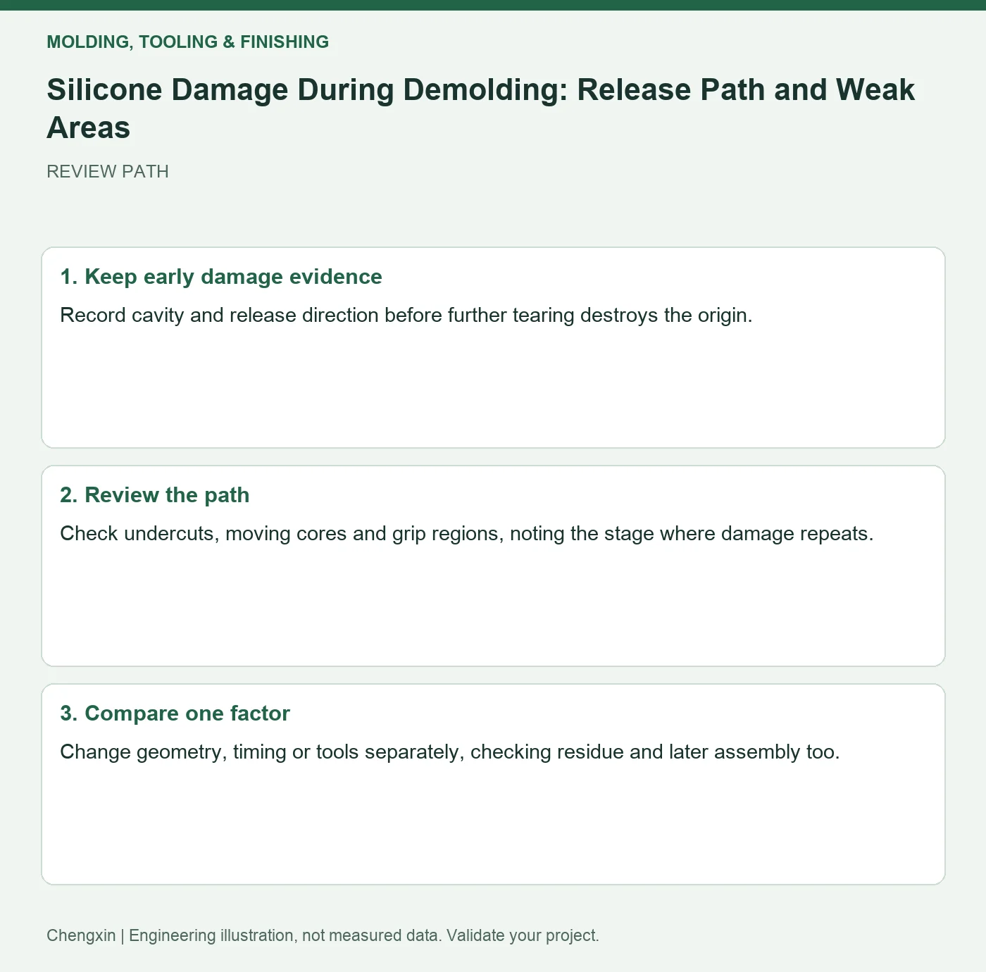 Silicone Damage During Demolding: Release Path and Weak Areas — three-step review diagram