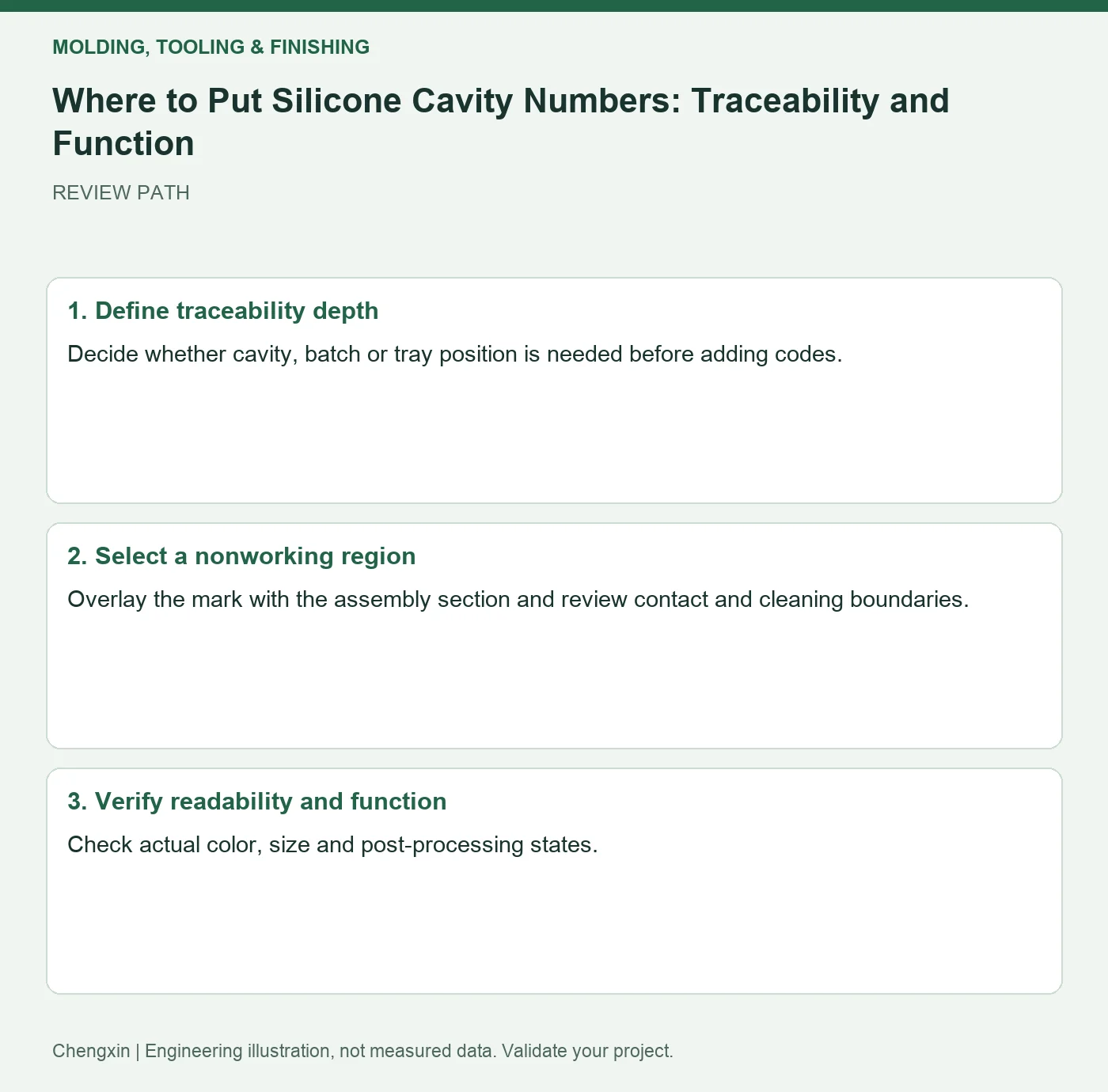 Where to Put Silicone Cavity Numbers: Traceability and Function — three-step review diagram