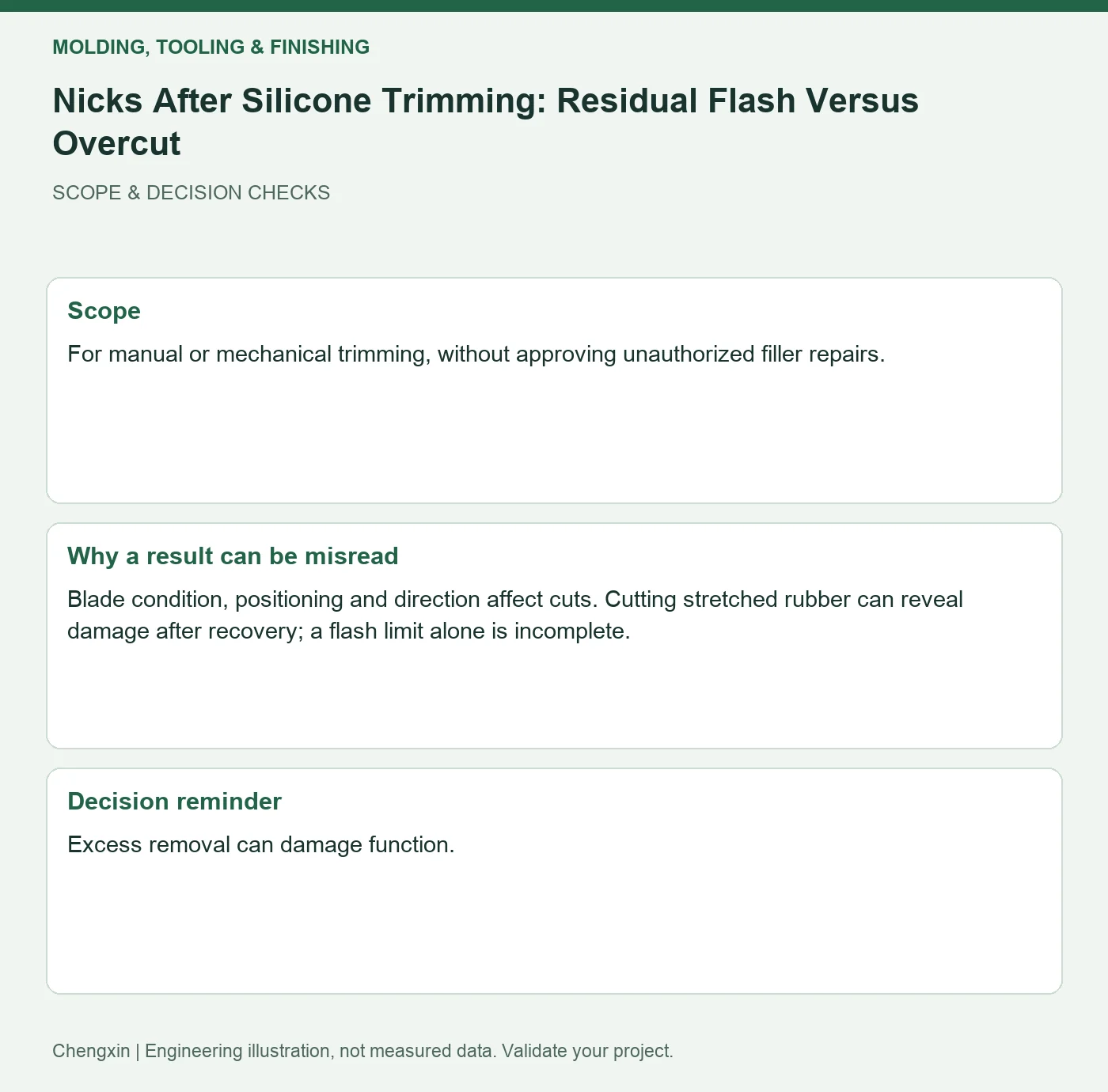 Nicks After Silicone Trimming: Residual Flash Versus Overcut — scope and decision reminders
