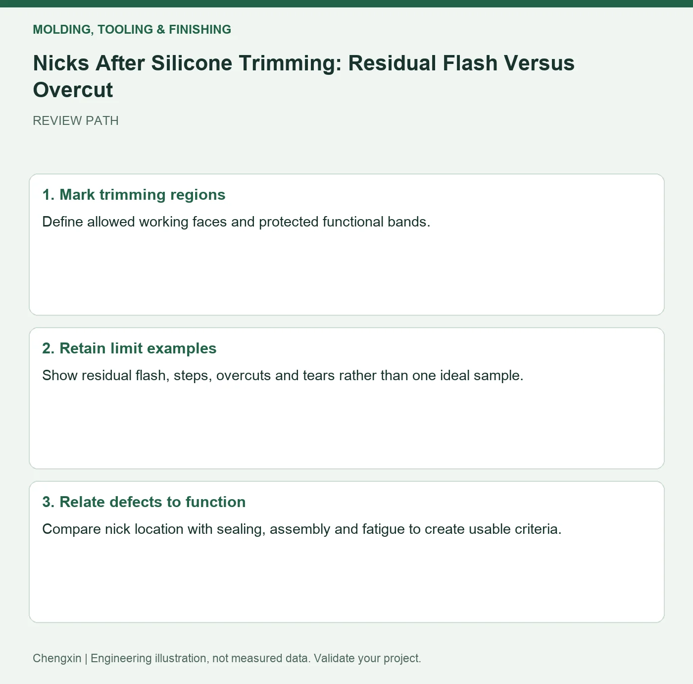 Nicks After Silicone Trimming: Residual Flash Versus Overcut — three-step review diagram