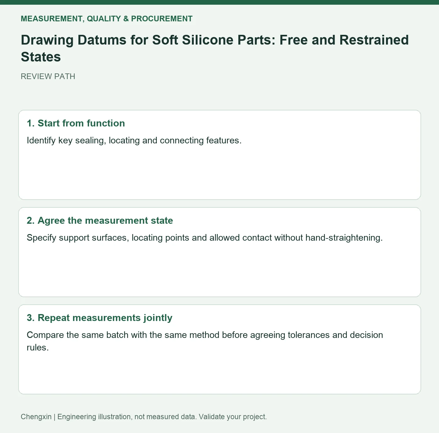 Drawing Datums for Soft Silicone Parts: Free and Restrained States — three-step review diagram