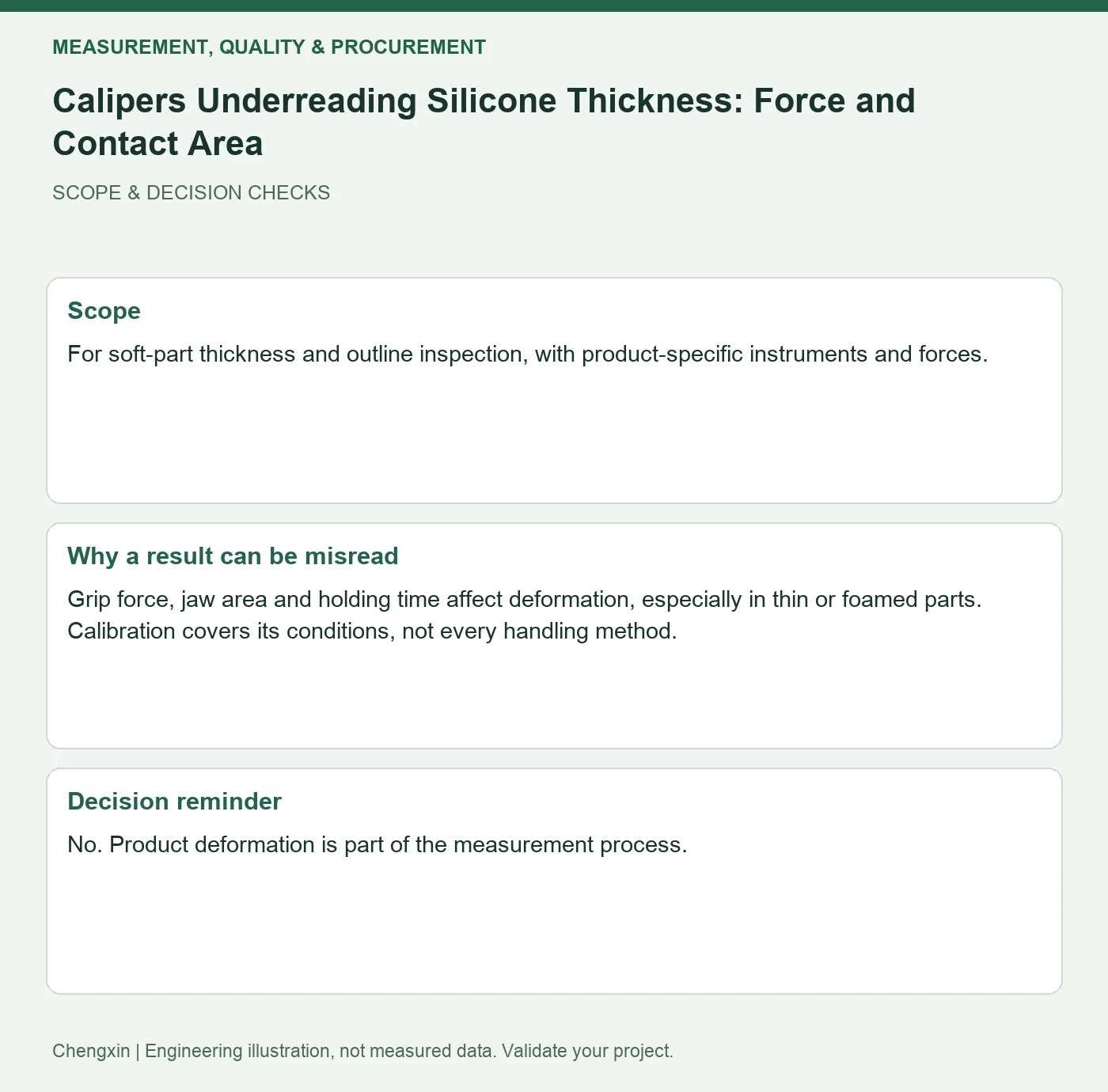 Calipers Underreading Silicone Thickness: Force and Contact Area — scope and decision reminders