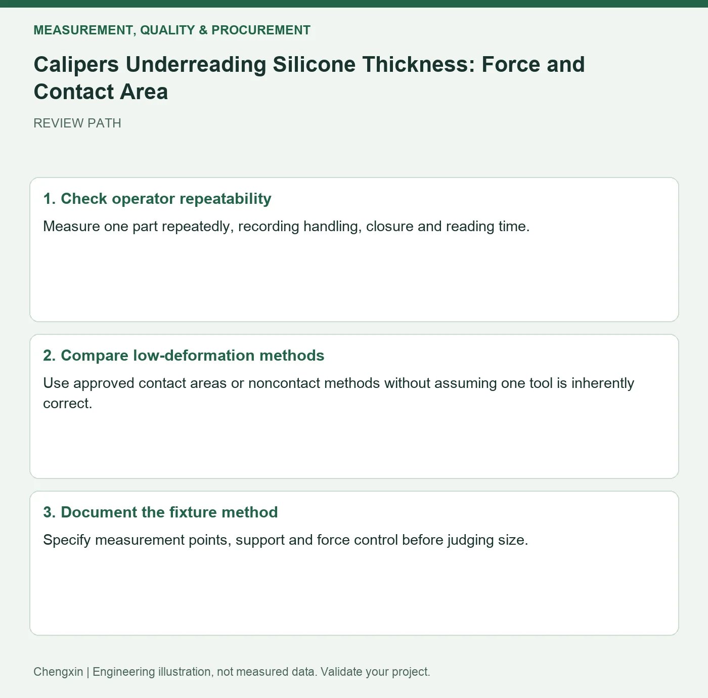 Calipers Underreading Silicone Thickness: Force and Contact Area — three-step review diagram