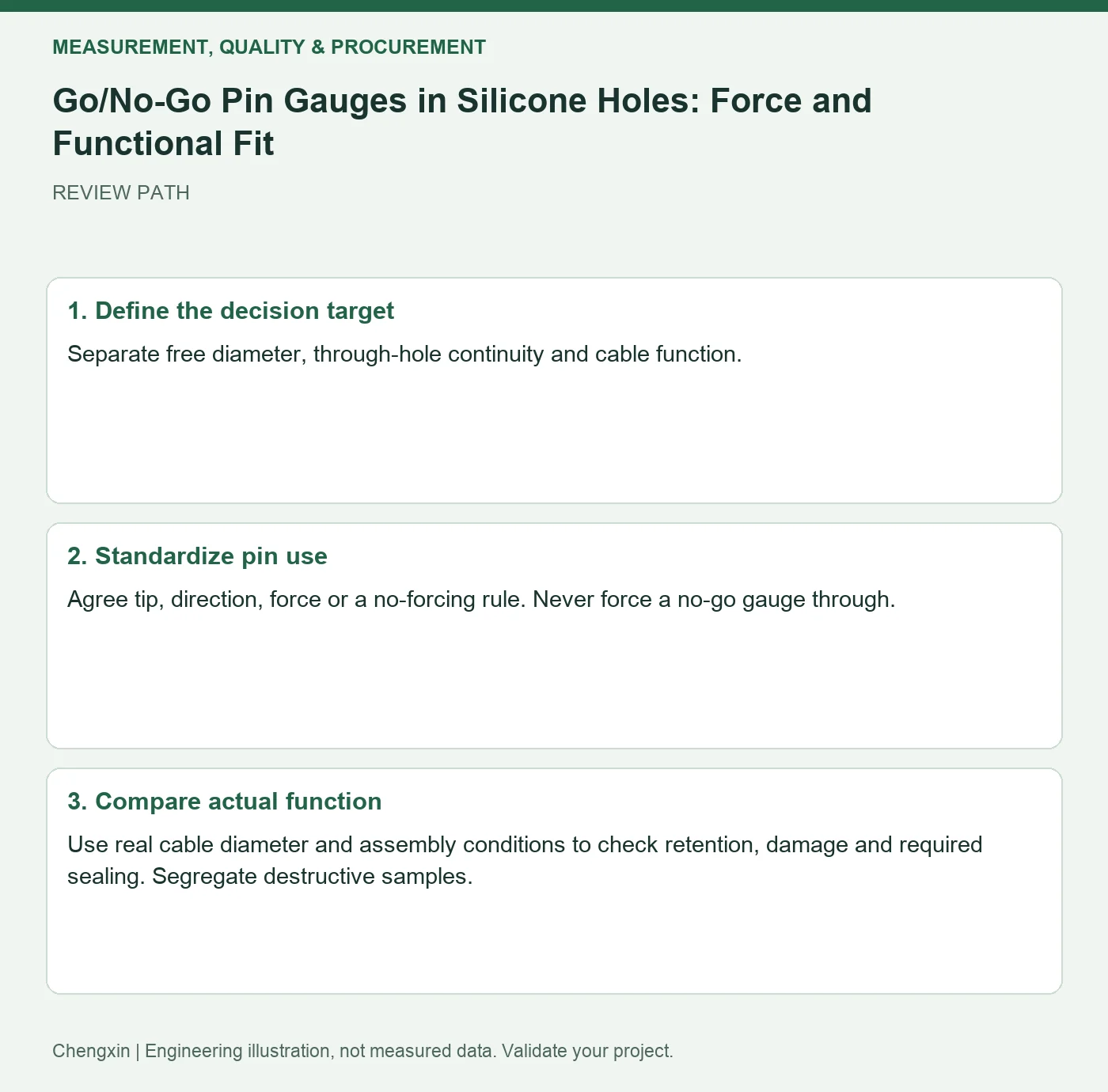 Go/No-Go Pin Gauges in Silicone Holes: Force and Functional Fit — three-step review diagram