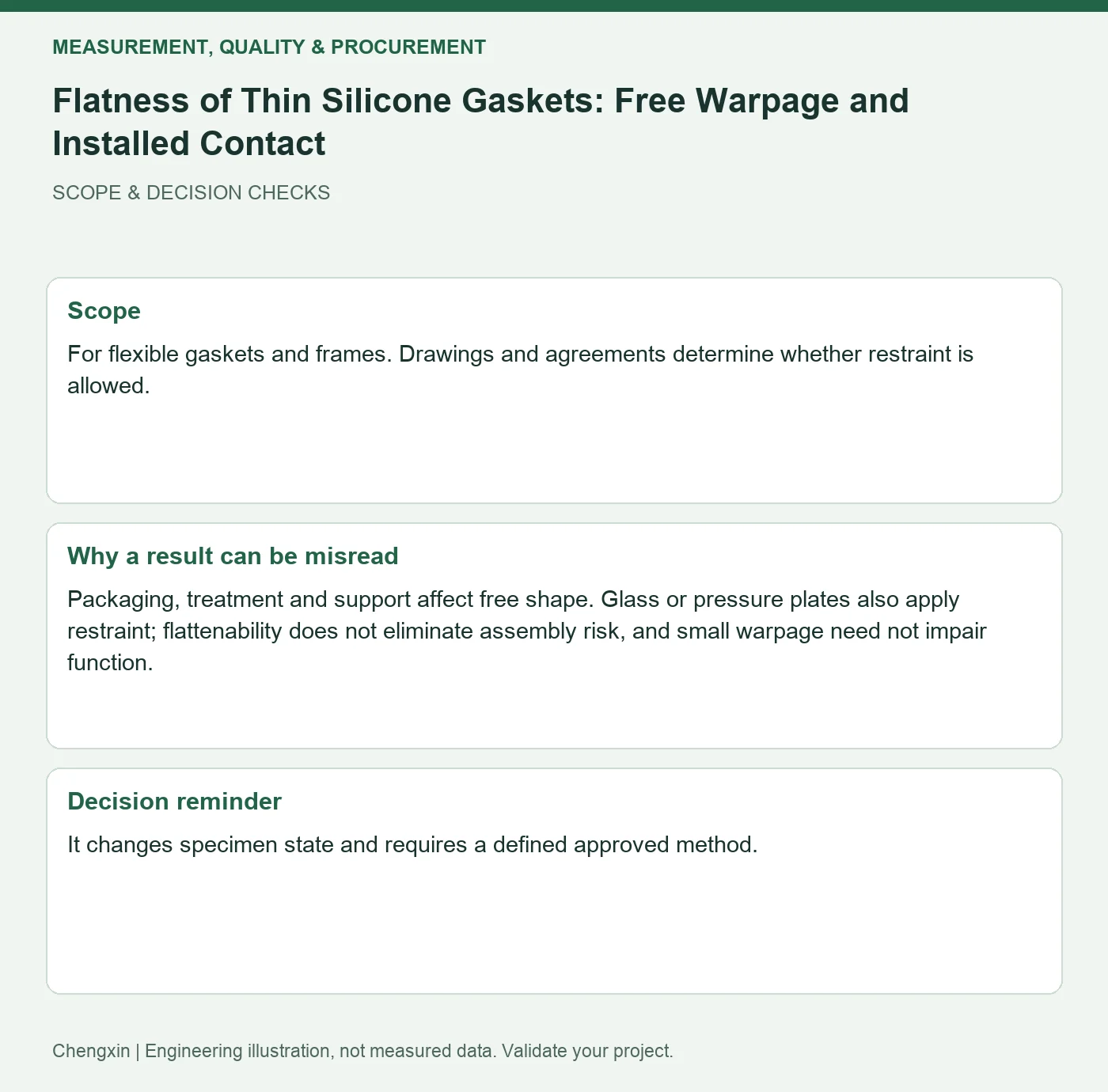 Flatness of Thin Silicone Gaskets: Free Warpage and Installed Contact — scope and decision reminders