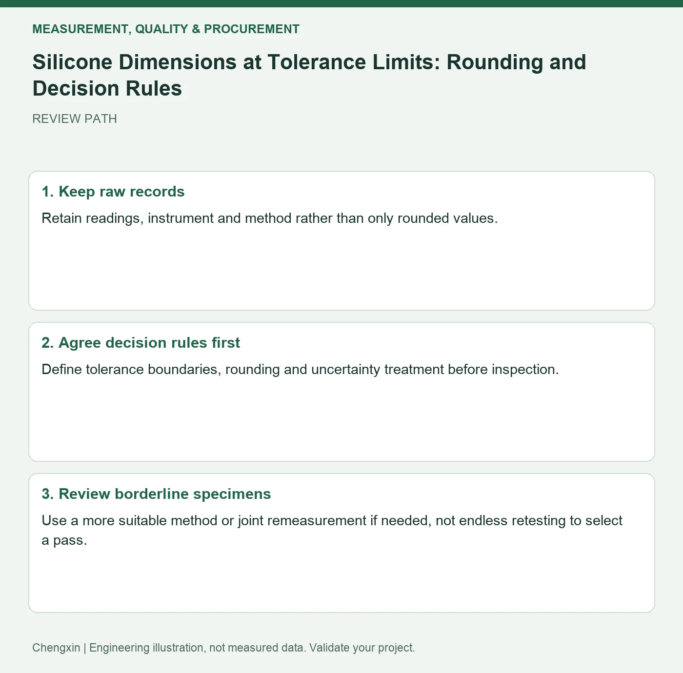 Silicone Dimensions at Tolerance Limits: Rounding and Decision Rules — three-step review diagram