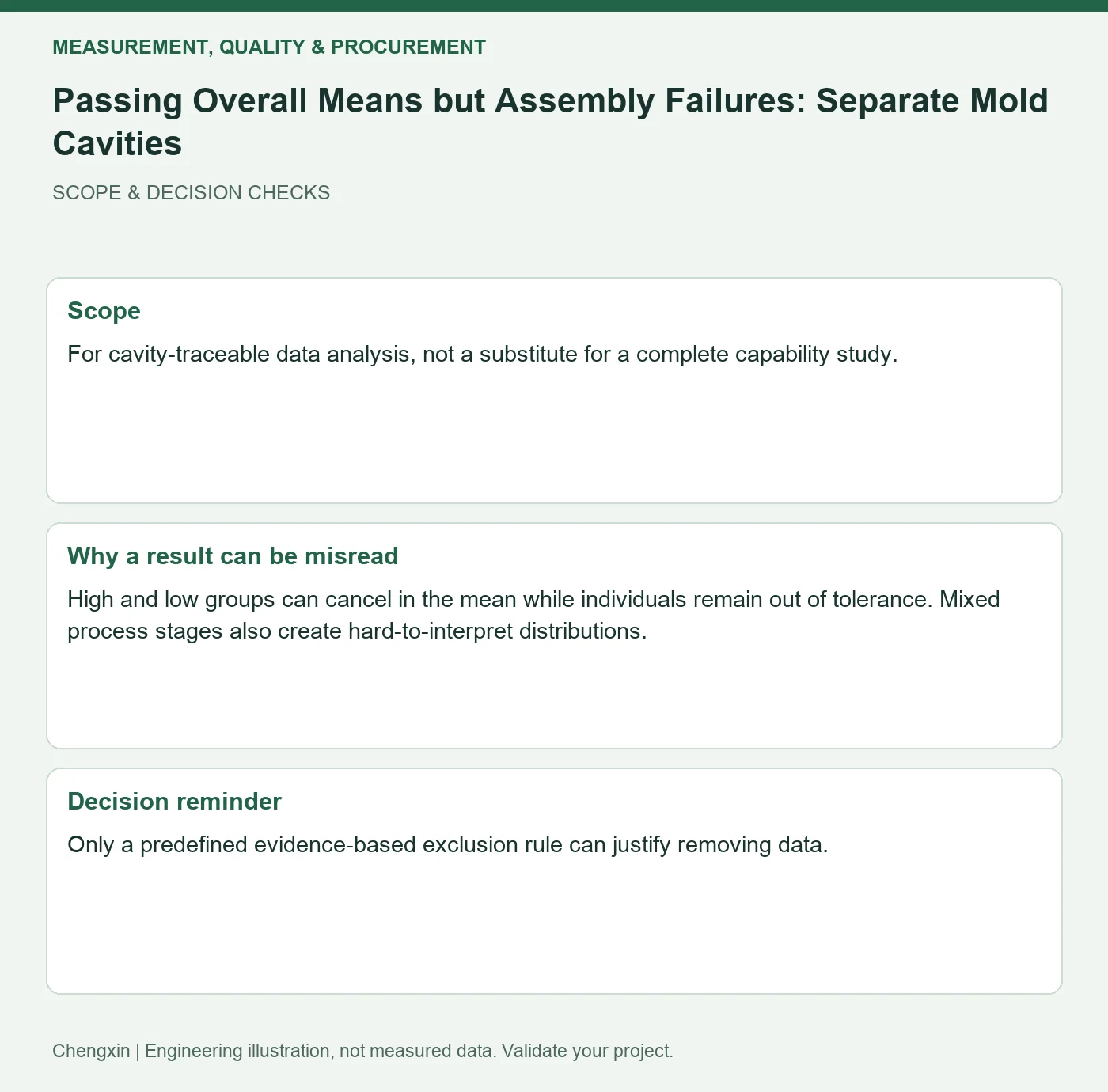 Passing Overall Means but Assembly Failures: Separate Mold Cavities — scope and decision reminders