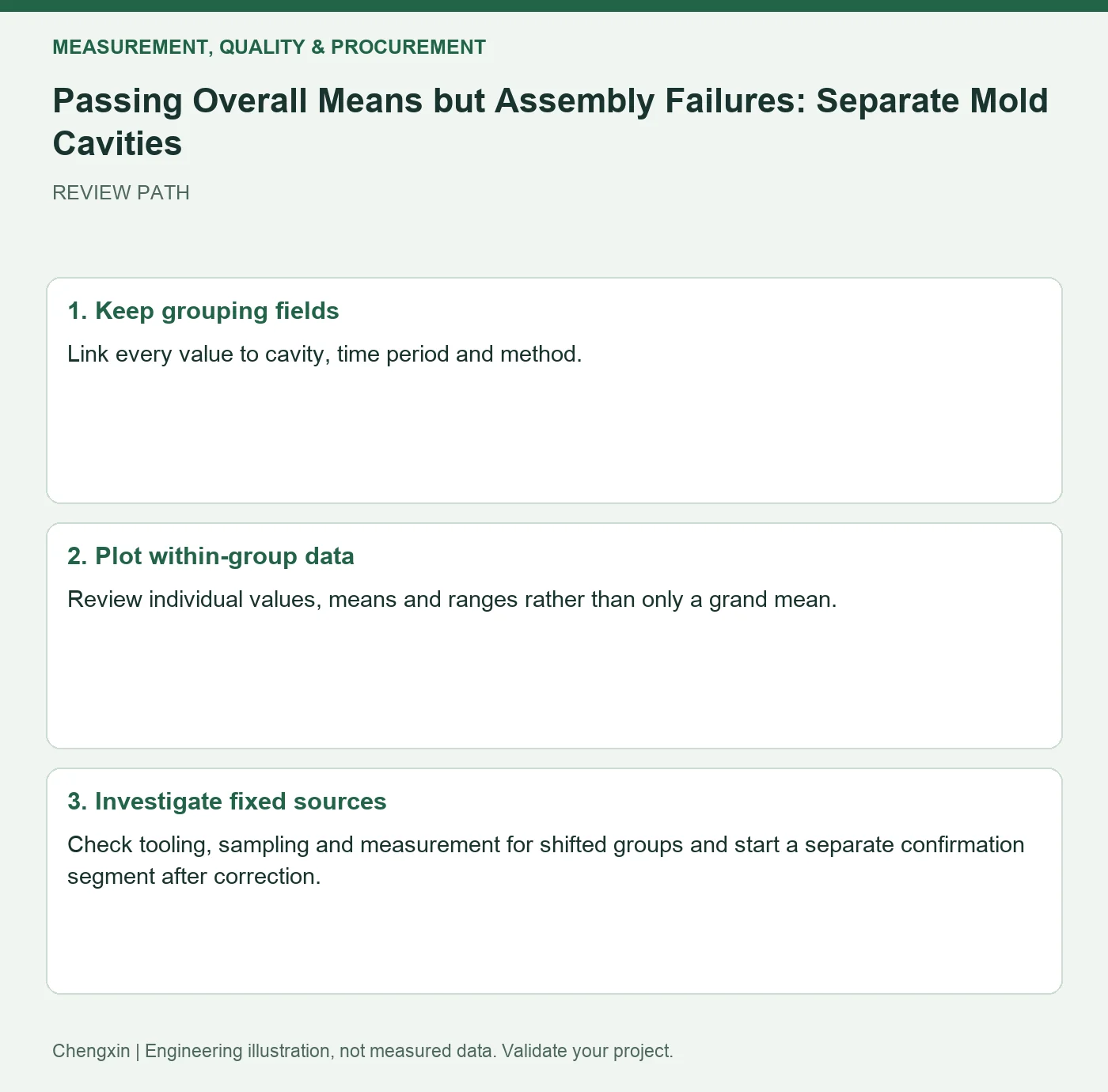 Passing Overall Means but Assembly Failures: Separate Mold Cavities — three-step review diagram