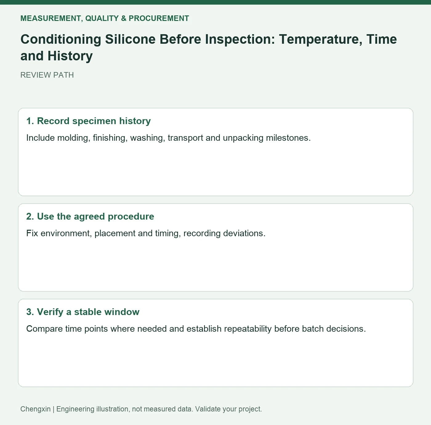 Conditioning Silicone Before Inspection: Temperature, Time and History — three-step review diagram