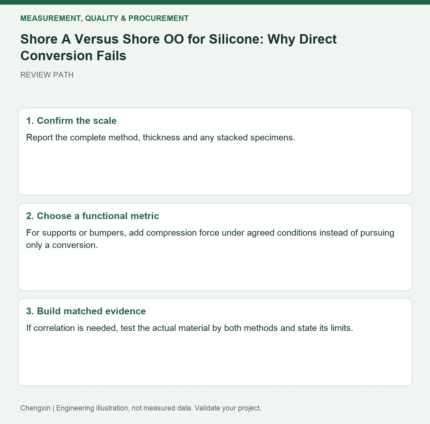 Shore A Versus Shore OO for Silicone: Why Direct Conversion Fails — three-step review diagram