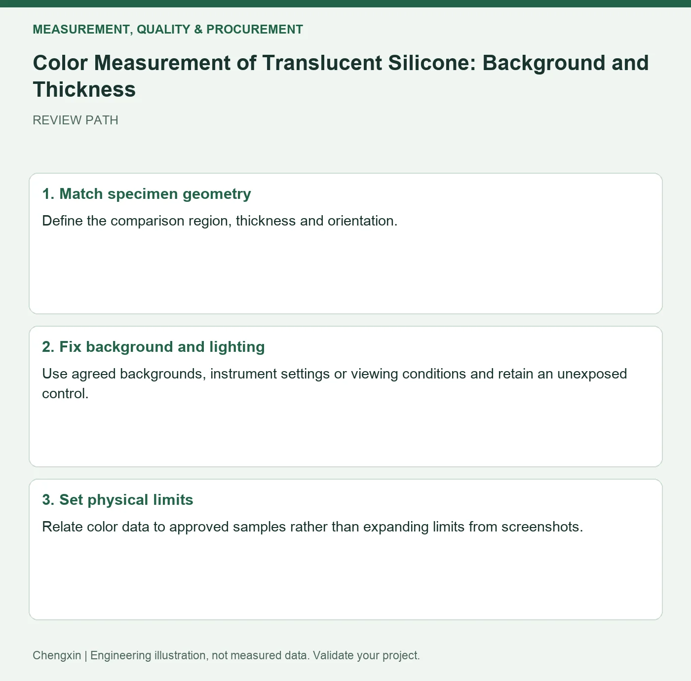 Color Measurement of Translucent Silicone: Background and Thickness — three-step review diagram