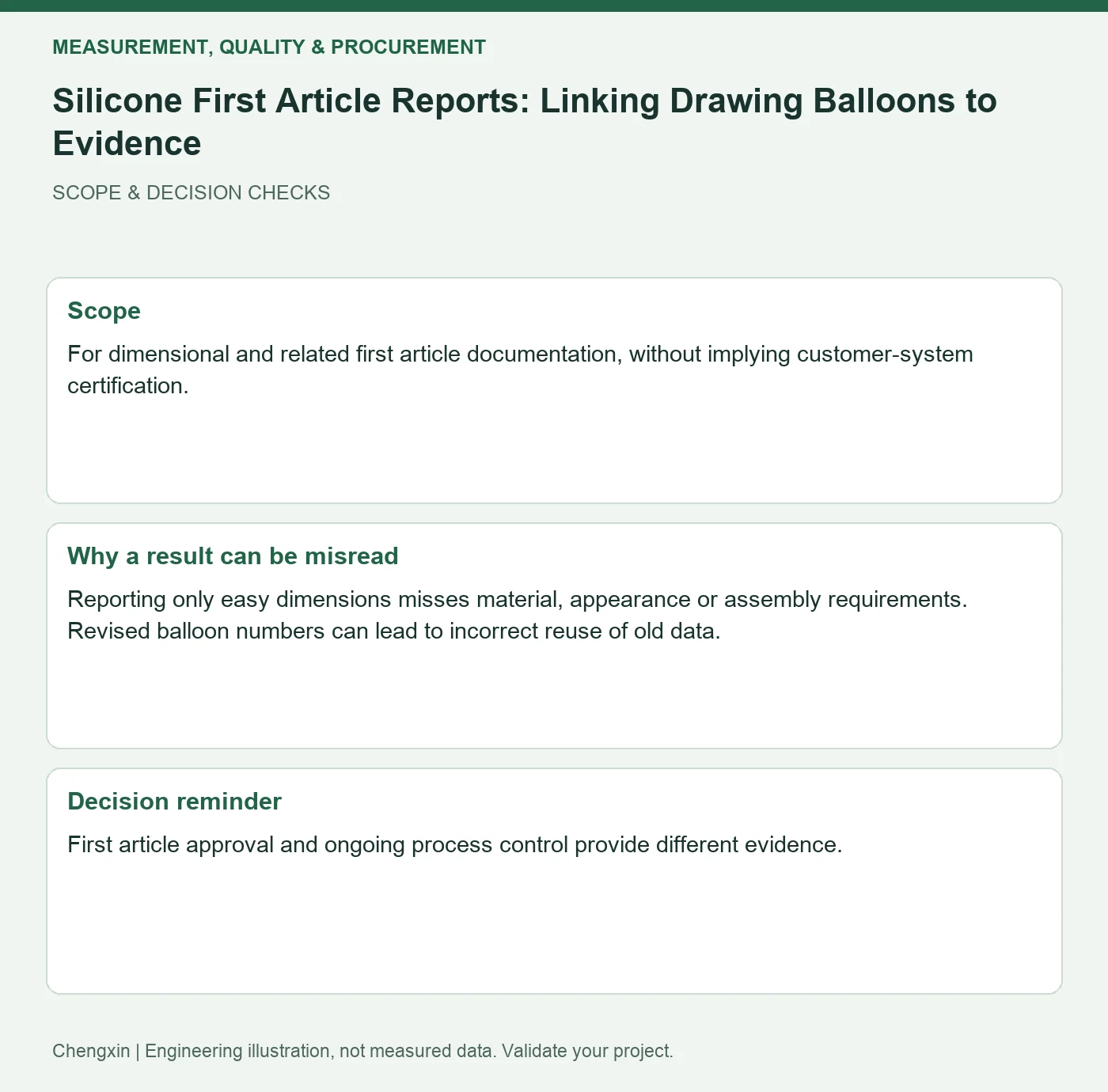 Silicone First Article Reports: Linking Drawing Balloons to Evidence — scope and decision reminders