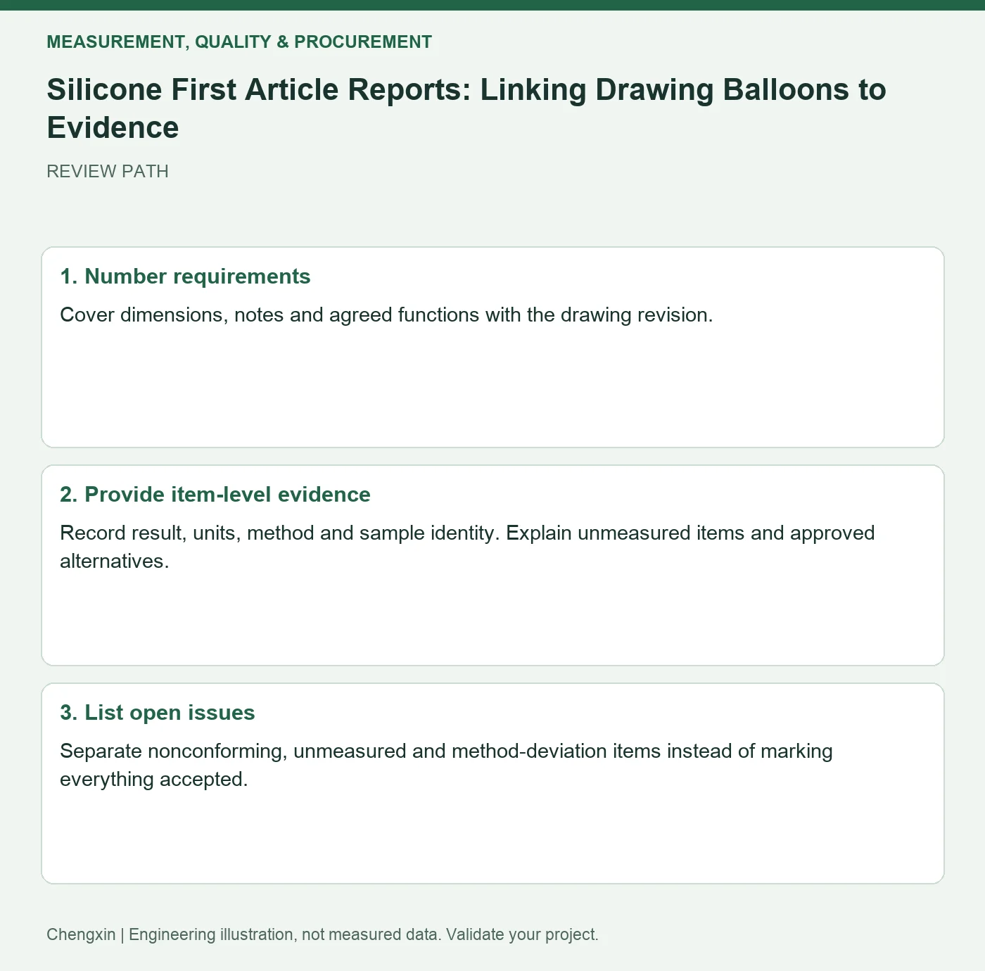 Silicone First Article Reports: Linking Drawing Balloons to Evidence — three-step review diagram