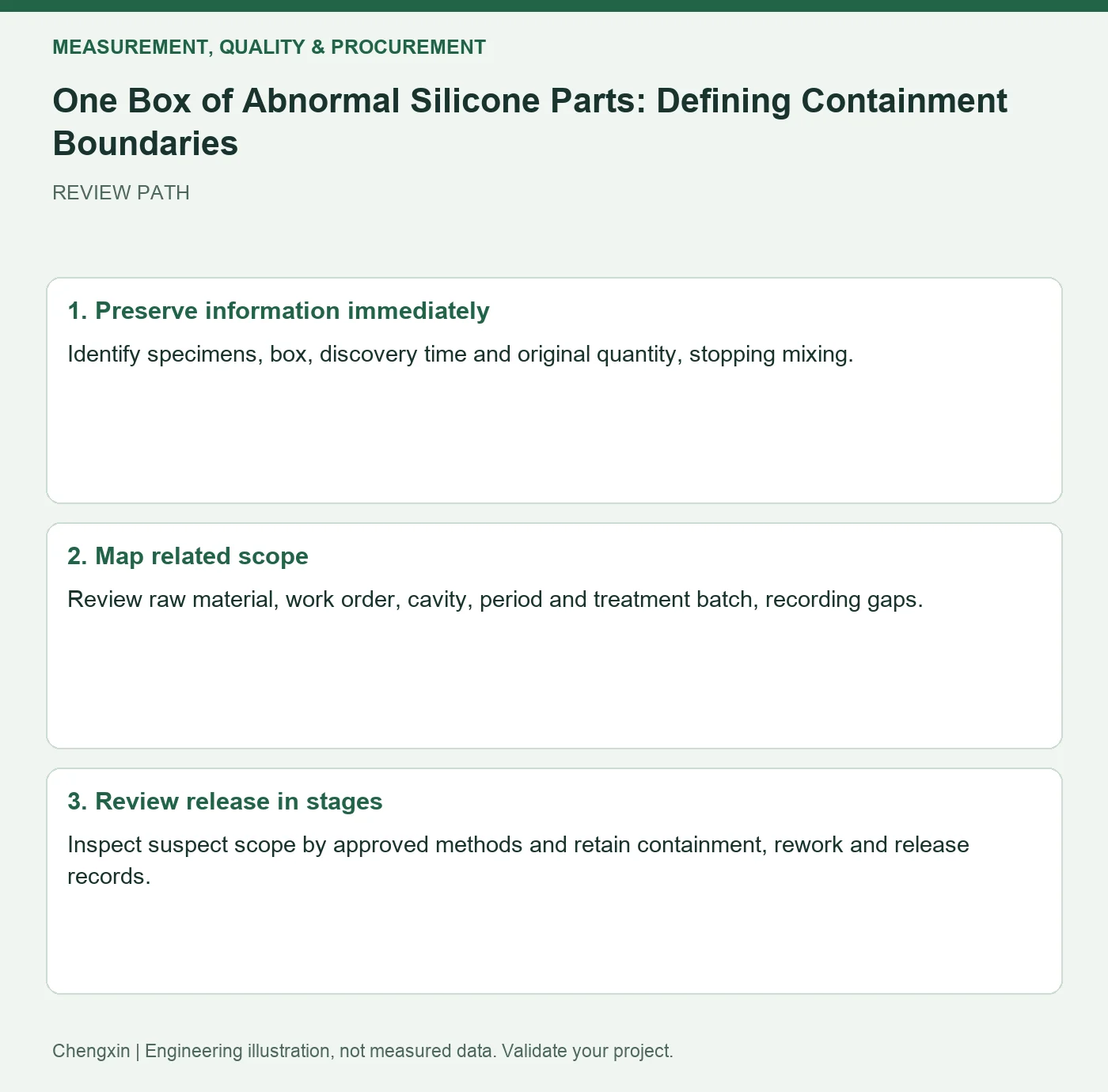 One Box of Abnormal Silicone Parts: Defining Containment Boundaries — three-step review diagram