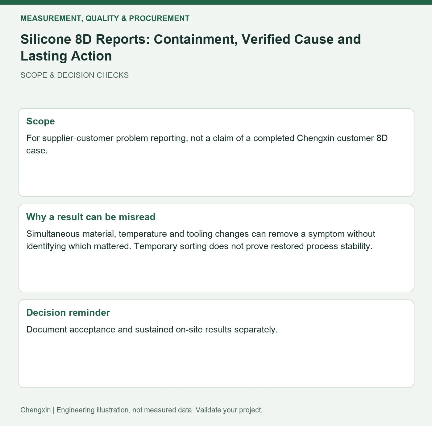 Silicone 8D Reports: Containment, Verified Cause and Lasting Action — scope and decision reminders