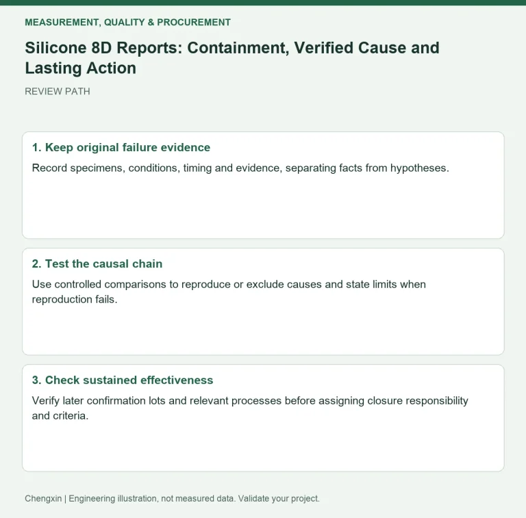 Silicone 8D Reports: Containment, Verified Cause and Lasting Action — review diagram