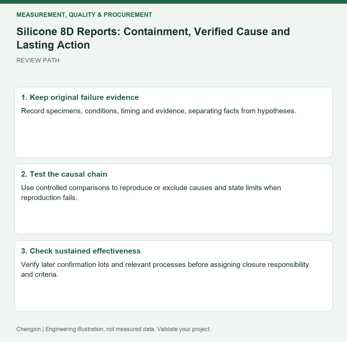 Silicone 8D Reports: Containment, Verified Cause and Lasting Action — three-step review diagram