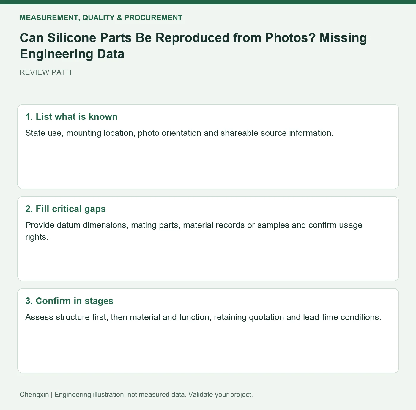 Can Silicone Parts Be Reproduced from Photos? Missing Engineering Data — three-step review diagram