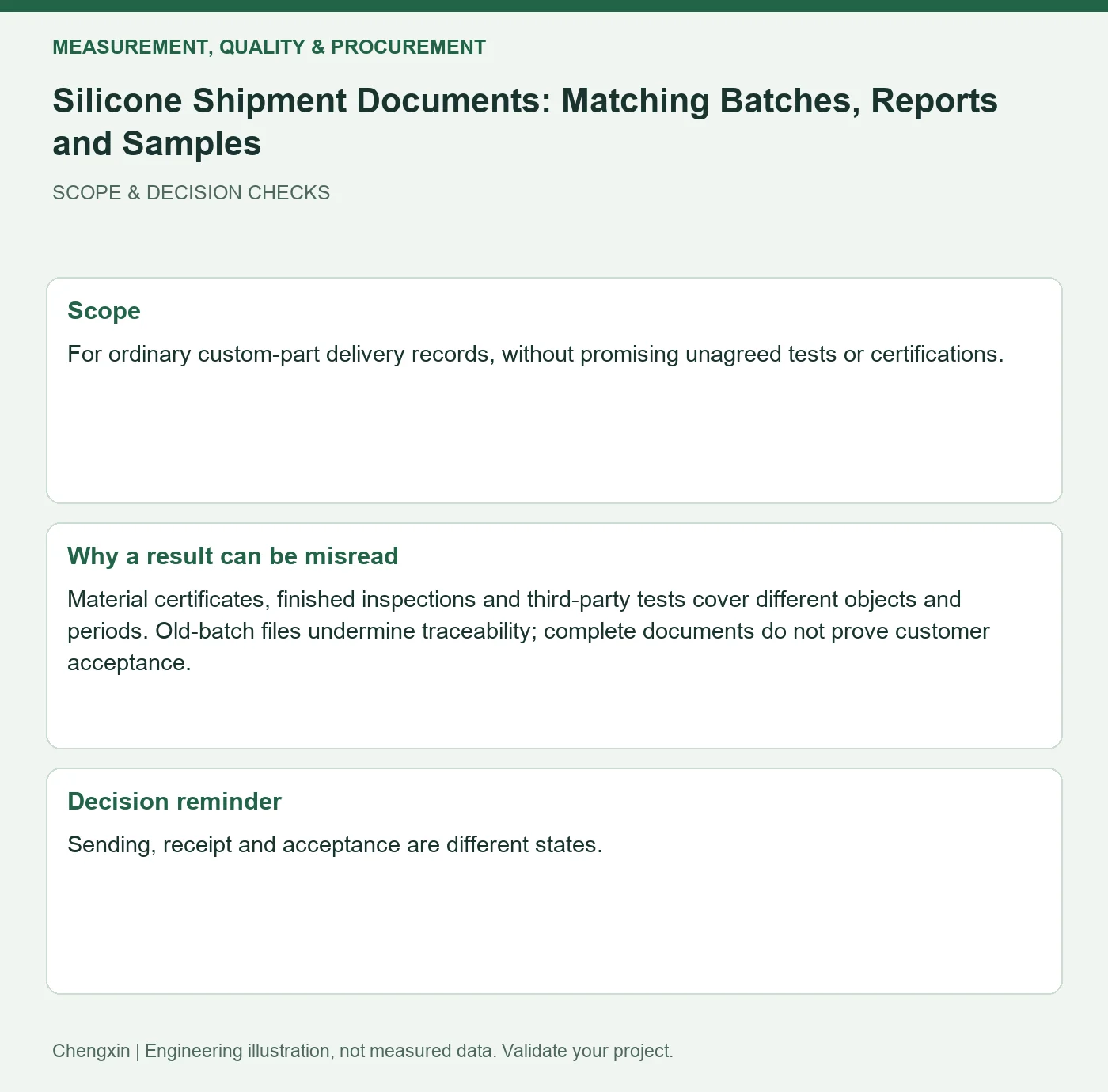 Silicone Shipment Documents: Matching Batches, Reports and Samples — scope and decision reminders